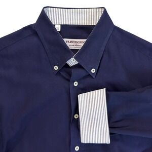 Franceschini Mens Navy Blue Cotton Button Down Dress Shirt Striped Trim 17.5 44